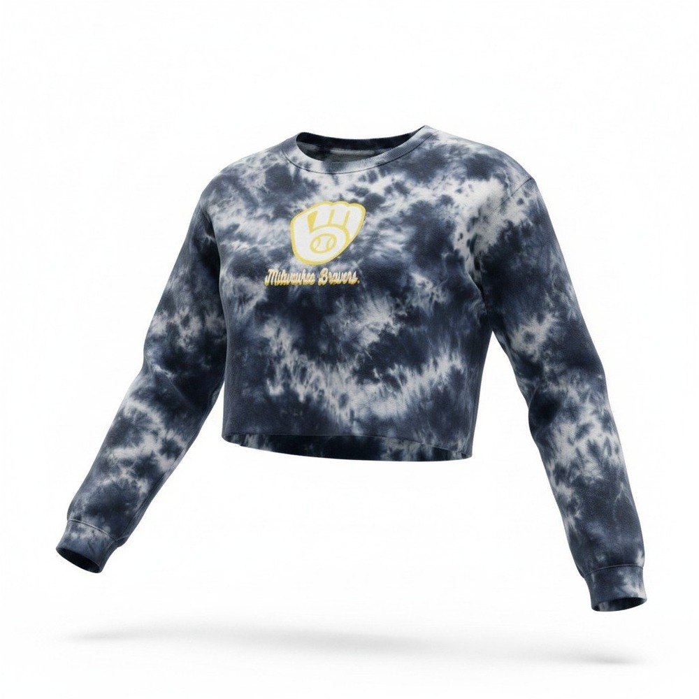 New Era Milwaukee Brewers Crop Top Women Large Navy Tie Dye MLB Long Sleeve NEW - Picture 1 of 12
